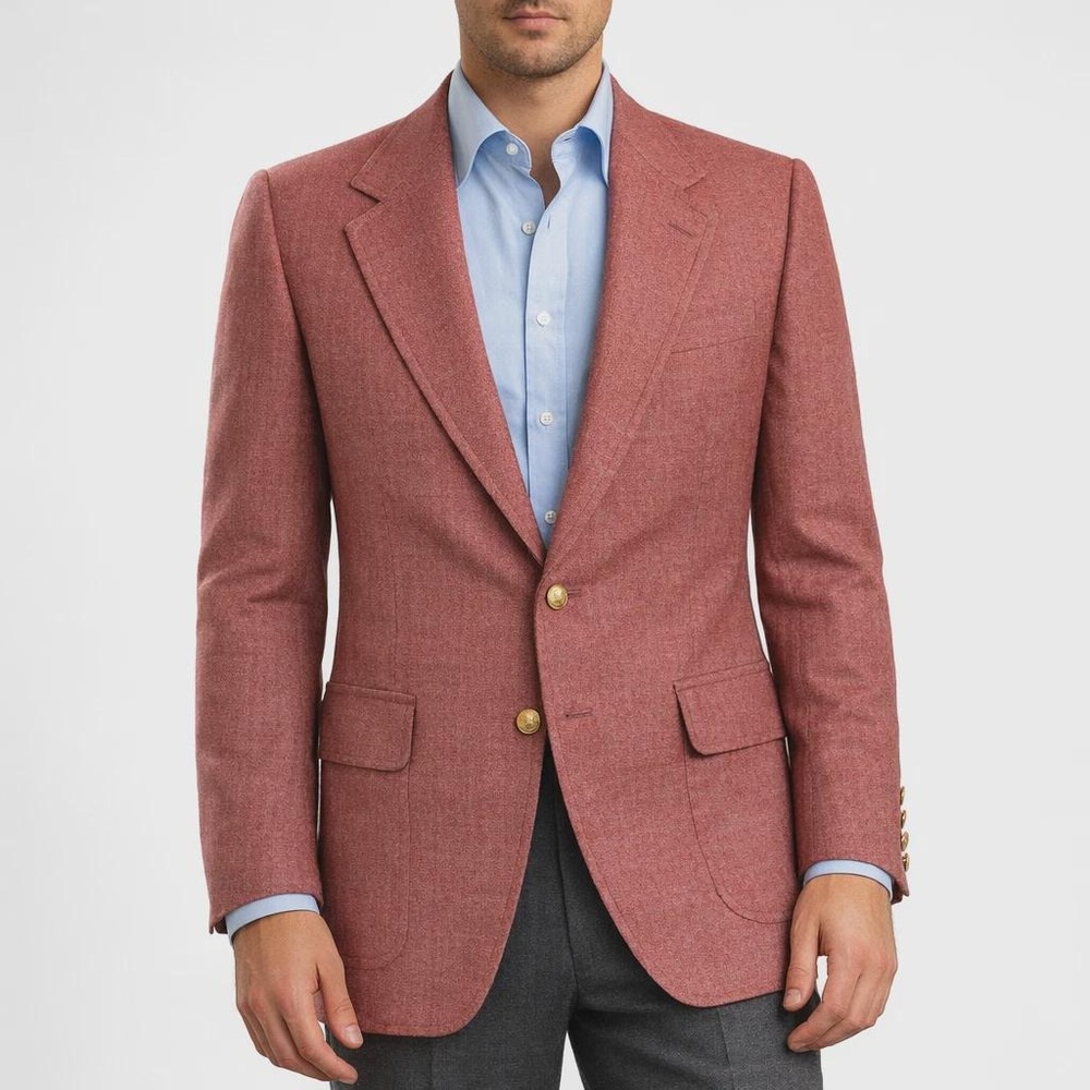 70s Vintage Dusty Red Textured Blazer Men 42L Gold Crest Button Mod Sport Coat